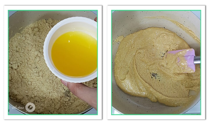 روغن مایع را اضافه کنید به آرد برای حلوای مرمری
