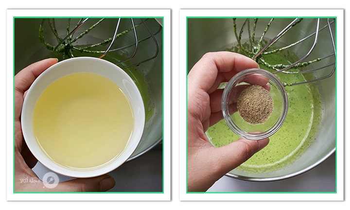 روغن مایع و پودر هل را اضافه کنید به مواد کیک اسفناج برای چیزکیک مدرن هندوانه